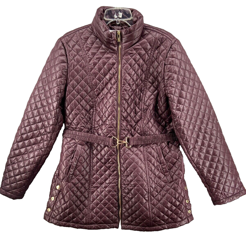Via Spiga Coat Womens Sz 2XL Plum Purple‎ Puffer Belted Full Zip Front Quilted